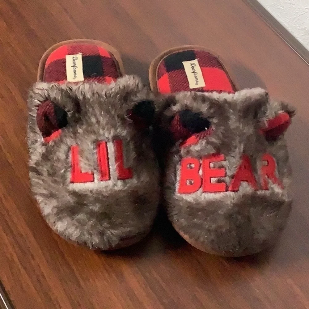 Dearfoams- Sz US2-3 - Lil Bear ear slippers - rubber sole profile racks faux fur
